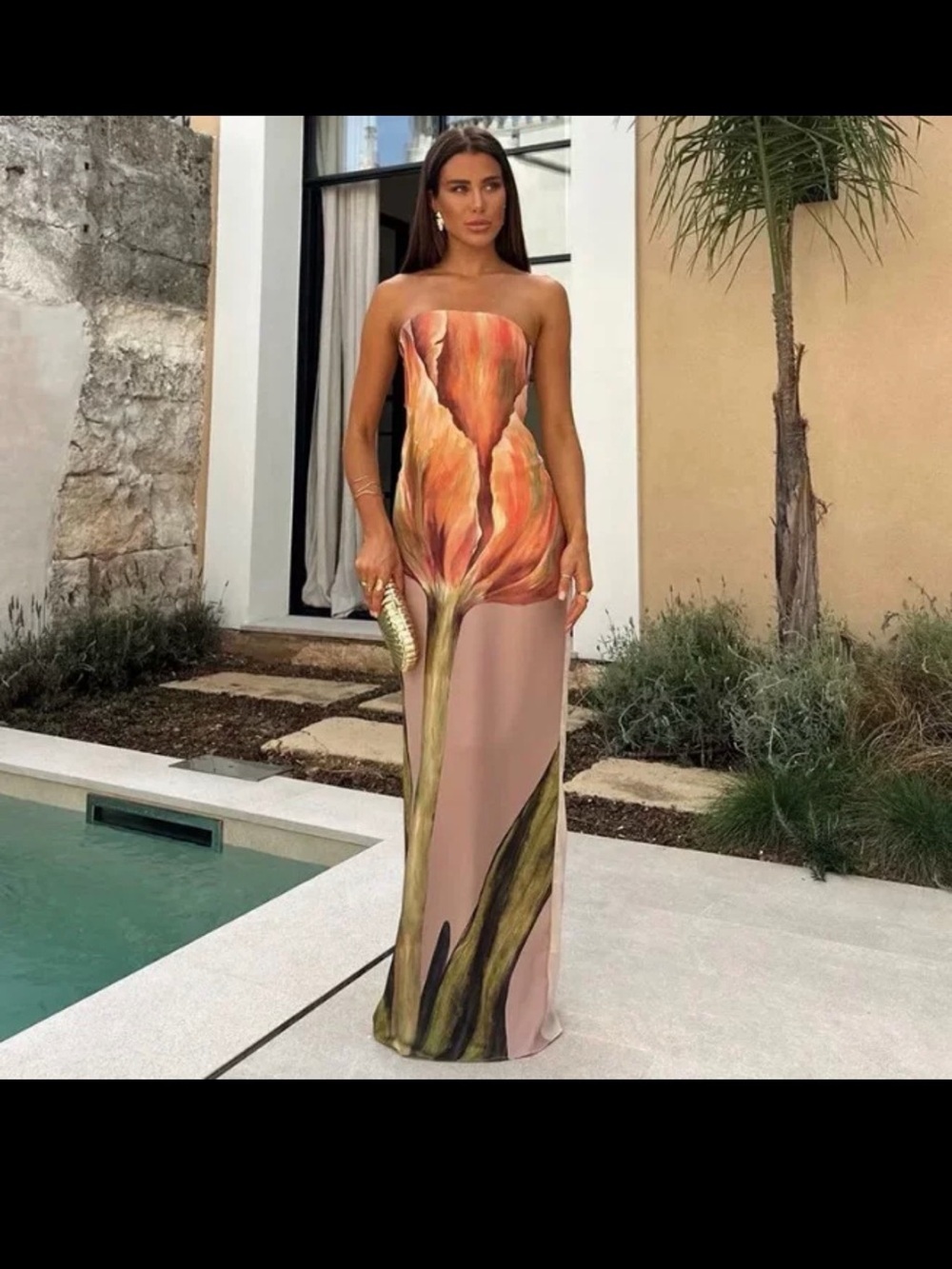 Strapless Floral Print Evening Gown - Pink